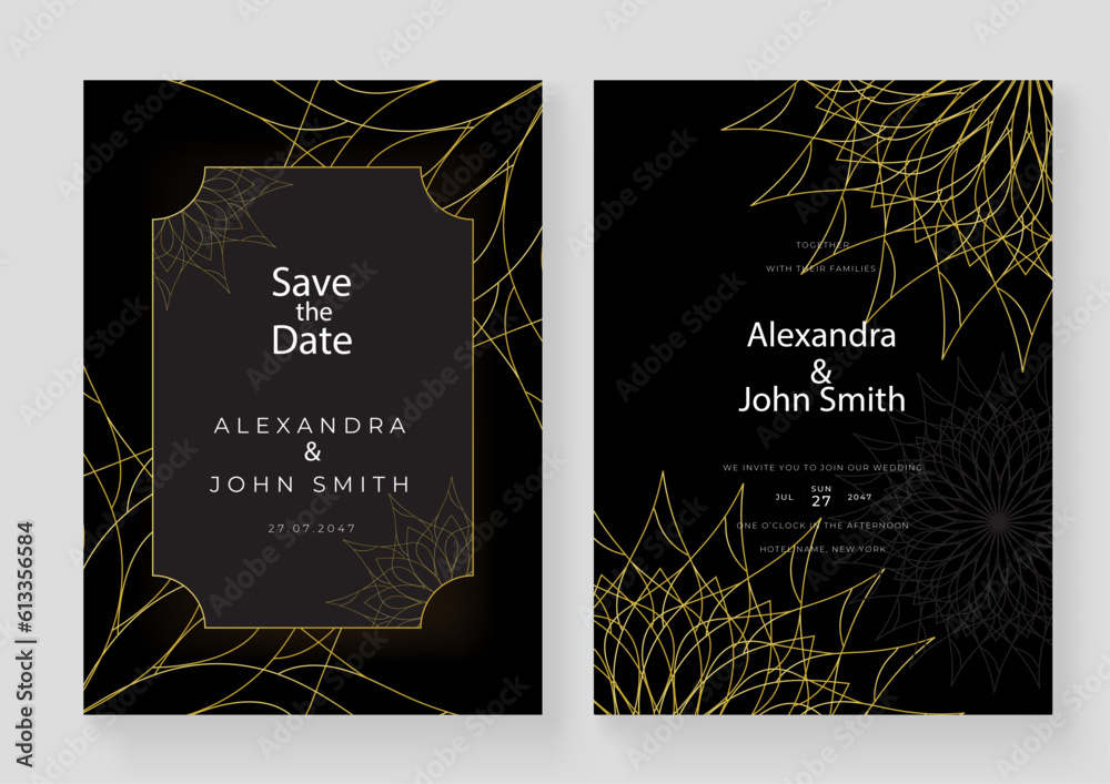 Wall mural Luxury Wedding invitation card with golden mandala ornament on black background. Elegant invitation template