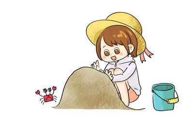 砂山を作る子供とカニ