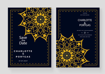 Luxury Wedding invitation card with golden mandala ornament on black background. Elegant invitation template