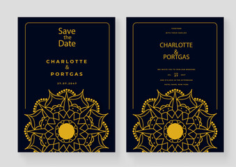 Luxury Wedding invitation card with golden mandala ornament on black background. Elegant invitation template