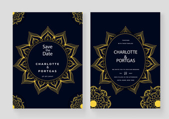Luxury Wedding invitation card with golden mandala ornament on black background. Elegant invitation template