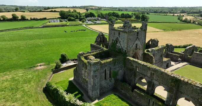 The ruined monastery 13-th century In County Wexford, Ireland 4k