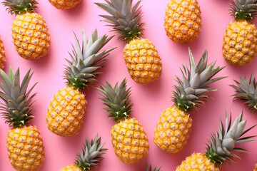 Bright pattern of many pineapples on a trendy soft pink background. Average ripe fruit, Ai generative - obrazy, fototapety, plakaty