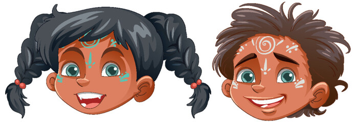 Tribal Kids Faces in Cartoon Style