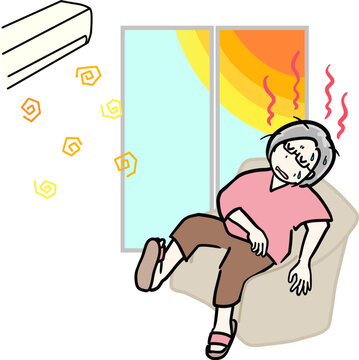 夏の暑さに耐えきれず熱中症をおこしそうなシニア女性のイラスト