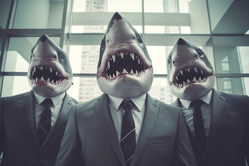 3 Männer im Business Outfit mit Haimasken im Gebäude / Büro. Kredithaie. Finanzmafia. Schuldeneintreiber. Generative Ai