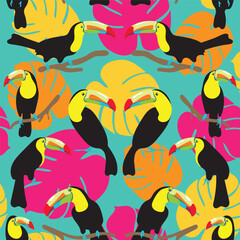 Colorful Tropical Toucans with Orange, Pink, and Yellow Palm Leaves on Blue Background Surface Design Textiles Seamless Repeat Pattern Design Eps 10 Vector