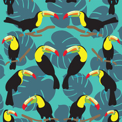 Colorful Tropical Toucans with Blue Palm Leaves on Blue Background Surface Design Textiles Seamless Repeat Pattern Design Eps 10 Vector