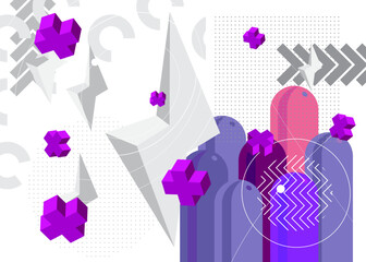 Abstract purple and white shapes template. Vintage geometric elements. Retro minimal geometrical graphic theme for poster, banner, cover.