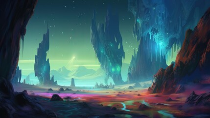 Fototapeta na wymiar An awe-inspiring illustration depicting an alien landscape with vast crystal formations that rise from the ground generative ai