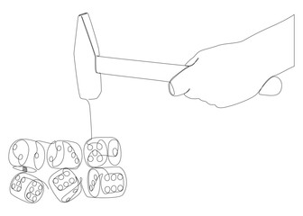 One continuous line of Hammer and Dice. Thin Line Illustration vector concept. Contour Drawing Creative ideas.