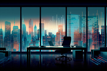 Modern corporate office with business referencing city skyline background. generative AI