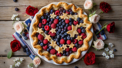 4th of July Themed Fruit Pie or Tart with Berries in Patriotic American Red, White, and Blue - Close Up - USA Flag Inspired Colors - Memorial Day, Veterans Day, Flag Day - Generative AI