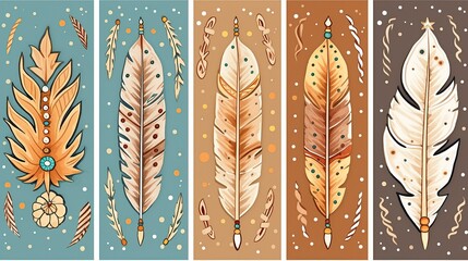 Colorful earthy boho designs with feathers, stars, moon, vector, clean lines, coloring book Generative AI