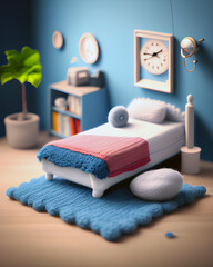 Obraz na płótnie Canvas Ai generated, graphic, mockup, isometric view of cute sleeping corner, bedroom in wool weaving, knitting materials texture, nice decoration, cartoon animation, Toy kids style