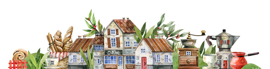Watercolor illustration - coffee street with cute cozy houses, coffee house, cups, coffee makers and sweet pastries. Horizontal background for the decor of coffee houses, bakeries, scrapbooking
