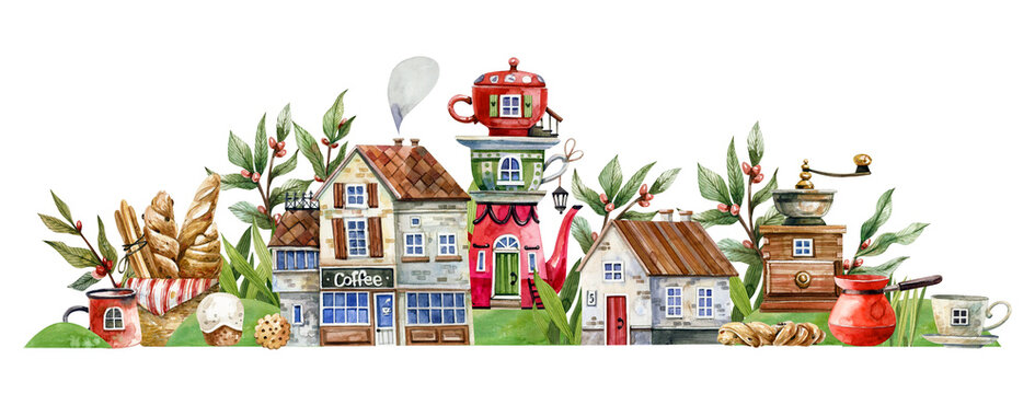  Сozy street with a coffee shop, a bakery, sweet pastries, coffee makers, coffee grinders and a funny teapot house. Watercolor illustration for scrapbooking, postcards, coffee shop and bakery decor.