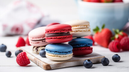 Obraz na płótnie Canvas 4th of July Themed Macaroons in Patriotic American Red, White, and Blue - Close Up - USA Flag Inspired Colors - Memorial Day, Veterans Day, Flag Day - Generative AI