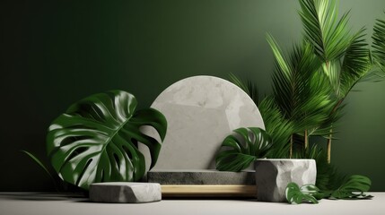 Empty podium green products with stones and tropical leaves. Generative Ai.