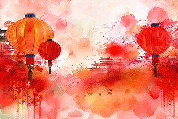 Chinese new year watercolor background vector. Oriental festive art design for place text and product images. Design for sale banner, cover and invitation