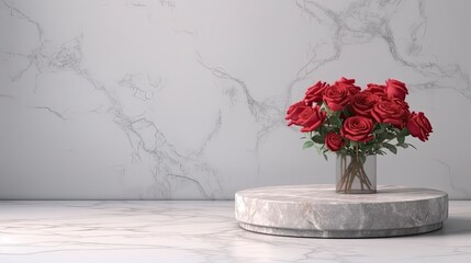 Empty podium of marble pedestal for product presentation with beautiful fresh red rose background. Generative Ai.