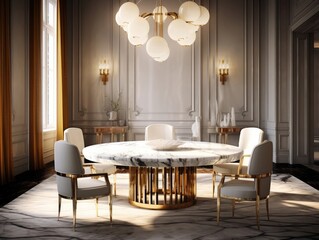 Fototapeta na wymiar Luxury dining room with a marble table, plush chairs and elegant decor, natural light. Generative AI