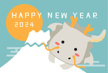  .年賀状年賀状2024年  富士山から辰　背景青　白竜