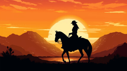 Fototapeta na wymiar Vector illustration of woman jockey riding horse during sunrise. Male jockey riding horse during sunrise