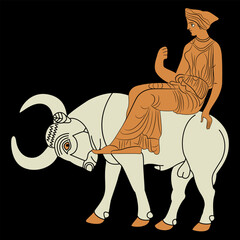 The Rape of Europa. Ancient Greek mythology. God Zeus as a bull carrying a pretty girl. Vase painting style.  © Olena