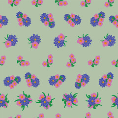 This Seamless Repeat Pattern Features Bouquets of Blue Daisies and Pink Flowers Placed in a Geometric Horizintal Striped Design on a Green Background.