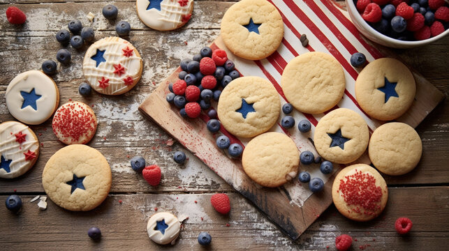 4th of July Themed Cookies in Patriotic American Red, White, and Blue - Close Up Stars and Stripes - USA Flag Inspired Colors - Memorial Day, Veterans Day, Flag Day - Generative AI