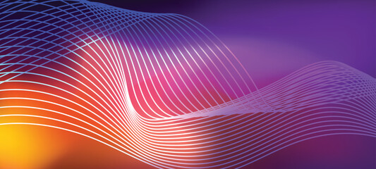 3D Sound waves neon line on blurred. Big data abstract visualization. Digital technology concept: virtual landscape. Futuristic background. Website landing page template.