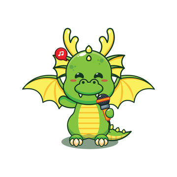 dragon holding microphone cartoon vector illustration.