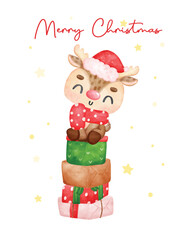 Obraz na płótnie Canvas cute christmas reindeer cartoon watercolor animal on stack of wrapped presents, Merry Christmas, cartoon animal character watercolour hand drawing vector illustration
