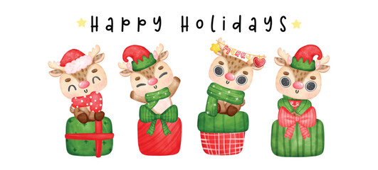  Group of Adorable Christmas reindeer animals with wrapped present boxes, Happy holidays banner, watercolor cartoon character illustration