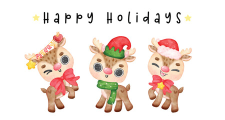Fototapeta premium Group of Adorable happy Christmas reindeer animals, Happy holidays banner, watercolor cartoon character illustration.