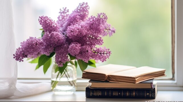 Bouquet of lilacs and old books, on a white windowsill. Generative AI