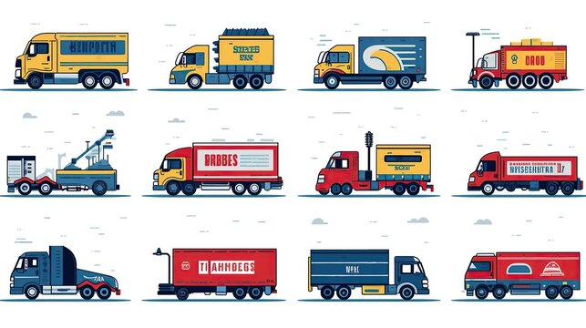 A set of icons showing moving, delivery, and other types of truck, in the style of high contrast shots, bold lettering, Generative AI