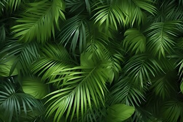 Tropical jungle nature green palm leaves on dark background in a garden
