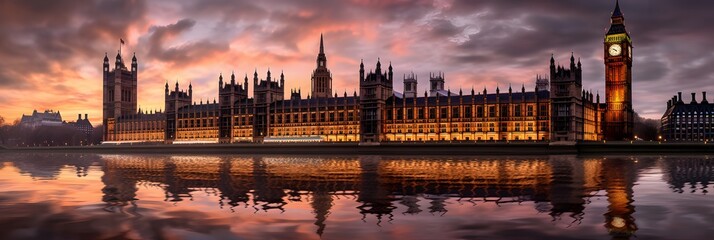 Panoramic sunset view of the Palace of Westminster in Landon