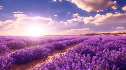 rendering of The depiction of a serene lavender field background. panorama sunlight