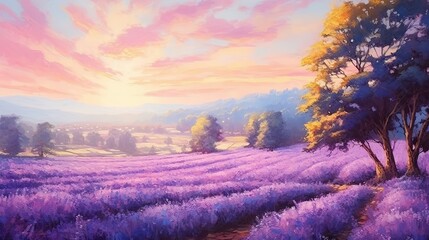 oil pastel painting of The depiction of a serene lavender field background. panorama sunlight