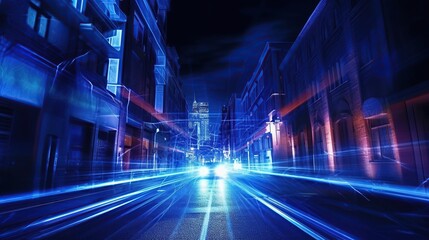 Blue light chasing in the city at night, in the style of futurist elements, transportcore Generative AI