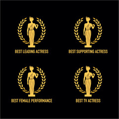 Film award best leading supporting actress nomination winner black gold vector icon set with laurel wreath