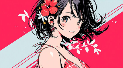 hand drawn cartoon anime cool swimsuit girl illustration in summer	
