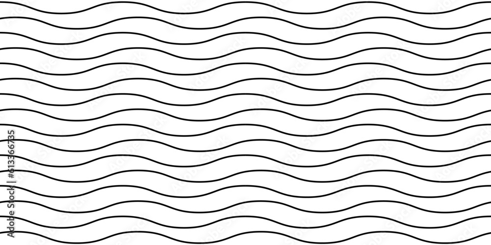 Poster Wavy lines seamless pattern. Black and white stripes repeating background. Undulate horizontal waves texture. Simple curved linear wallpaper. Textile and fabric swatch design template. Vector