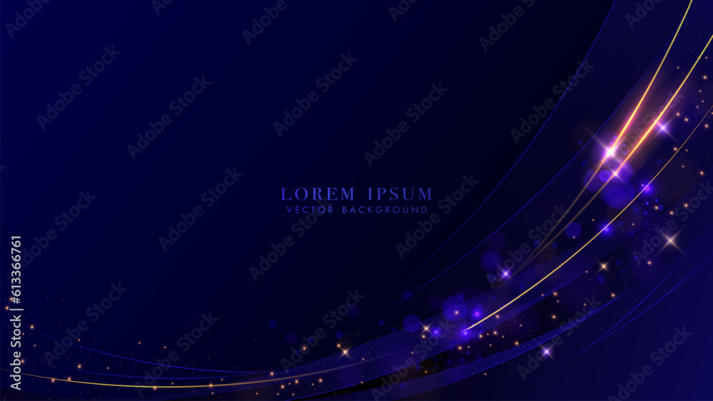 Wall mural golden curve lines with sparkle glowing dots effect and bokeh decoration on dark blue background. lu