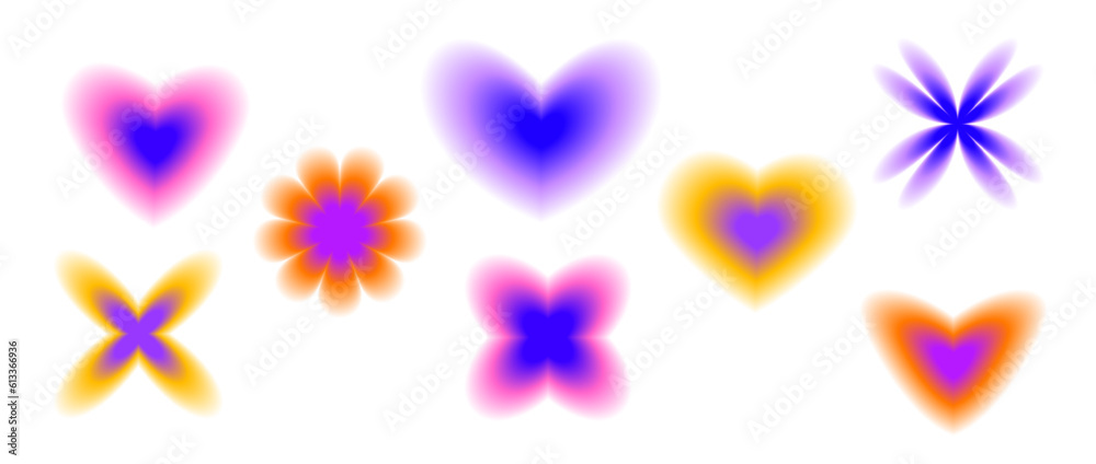 Poster smooth blurred gradient flowers and hearts set. y2k blurry aura shape collection. colorful abstract 