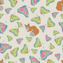 Curious fox with butterflies and flowers on beige background.