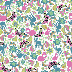 Foxes with butterflies and flowers on white background.